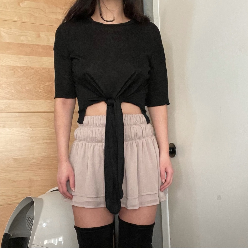 Black knit three quarter sleeves tie front knot spliced split cut out top tee